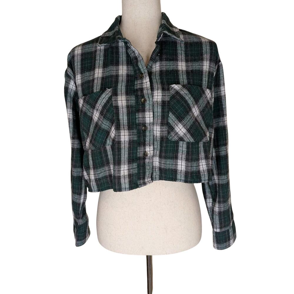 Hyfve Womens Button Up Long Sleeve Jacket Cropped Size Small Flannel Plaid Green